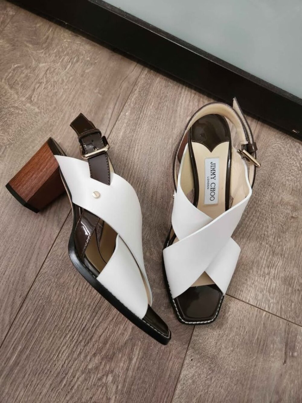 JIMMY CHOO Aix 65 White & Brown Block Heel Slingback Sandals Leather Straps